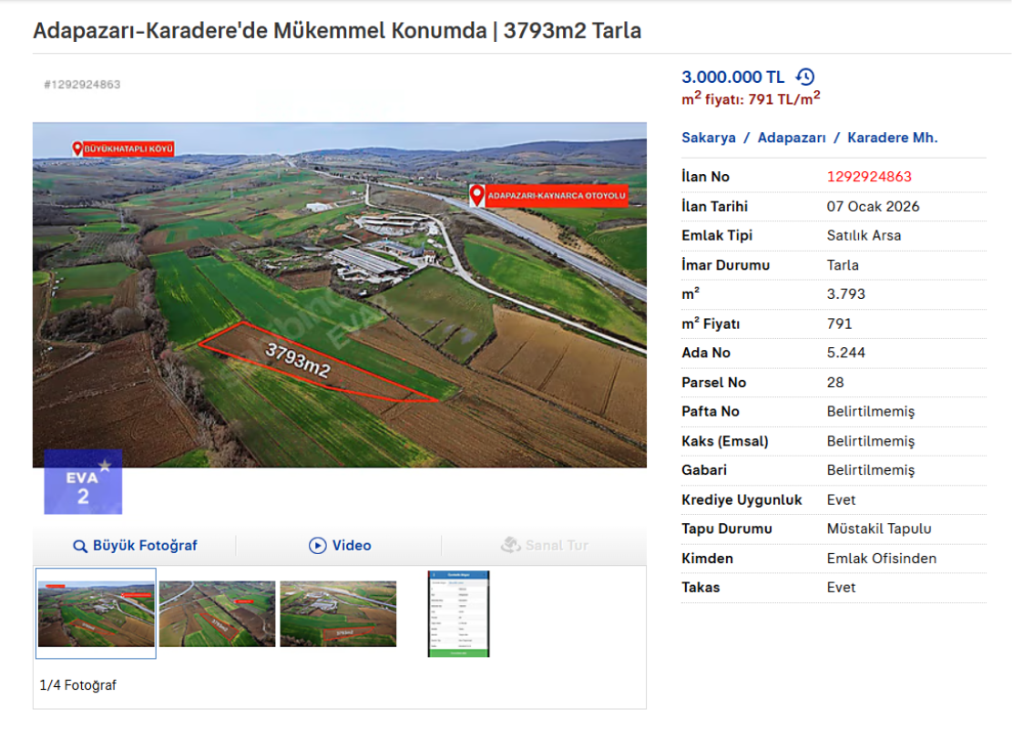 Adapazarı-Karadere'de Mükemmel Konumda | 3793m2 Tarla