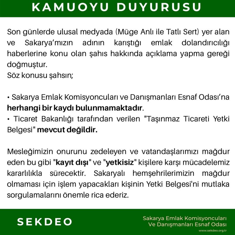 SAKARYA’DA EMLAK DOLANDIRICILIĞI UYARISI: “YETKİ BELGESİ OLMAYANA İTİBAR ETMEYİN”