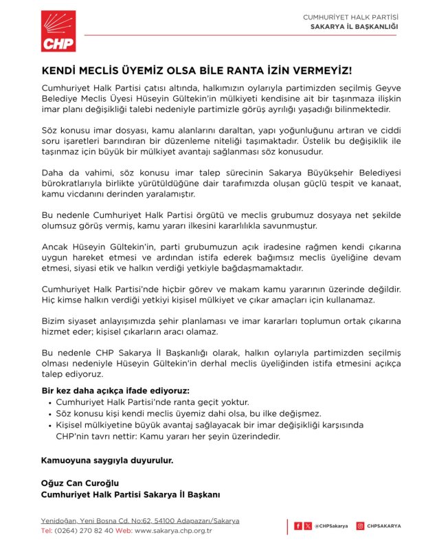 CHP Sakarya’dan Sert Açıklama: “Kendi Meclis Üyemiz Olsa Bile Ranta İzin Vermeyiz”