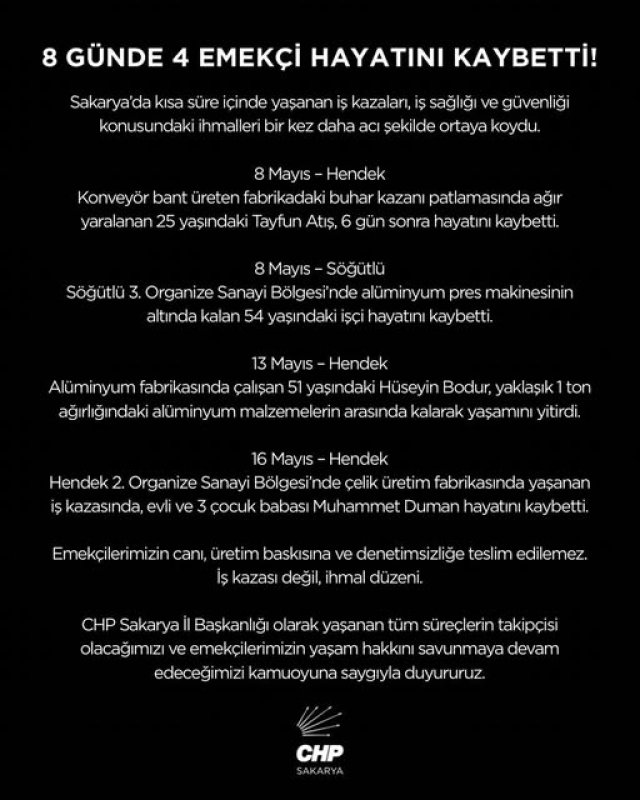CHP Sakarya’dan İş Kazalarına Tepki: “İhmal Düzeni Can Almaya Devam Ediyor”