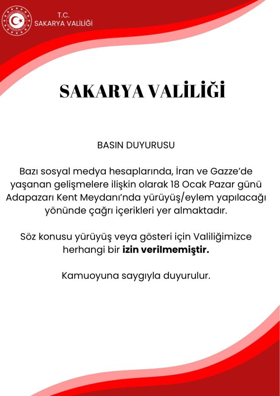 Sakarya Valiliği Basın Duyurusu