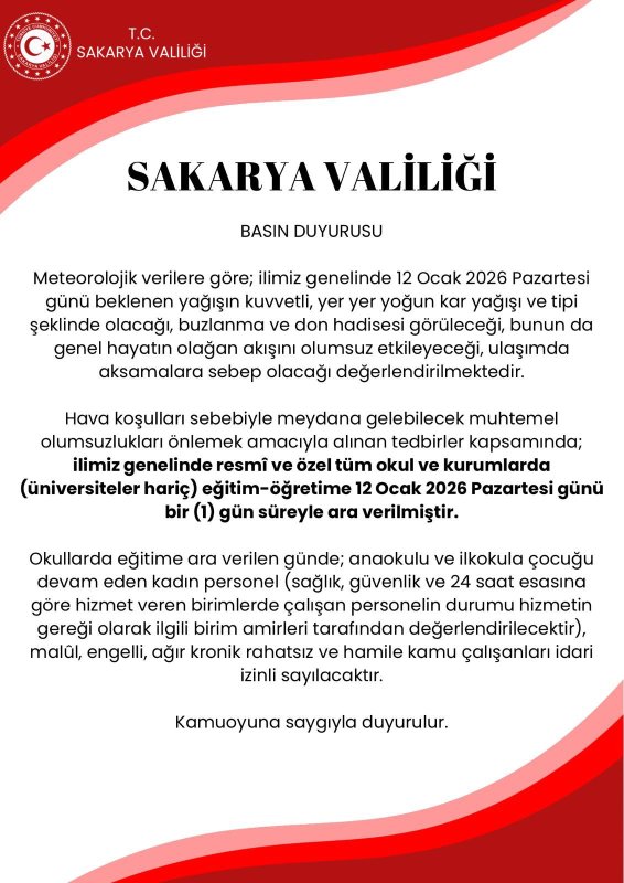 Sakarya'da tüm okullar tatil edildi