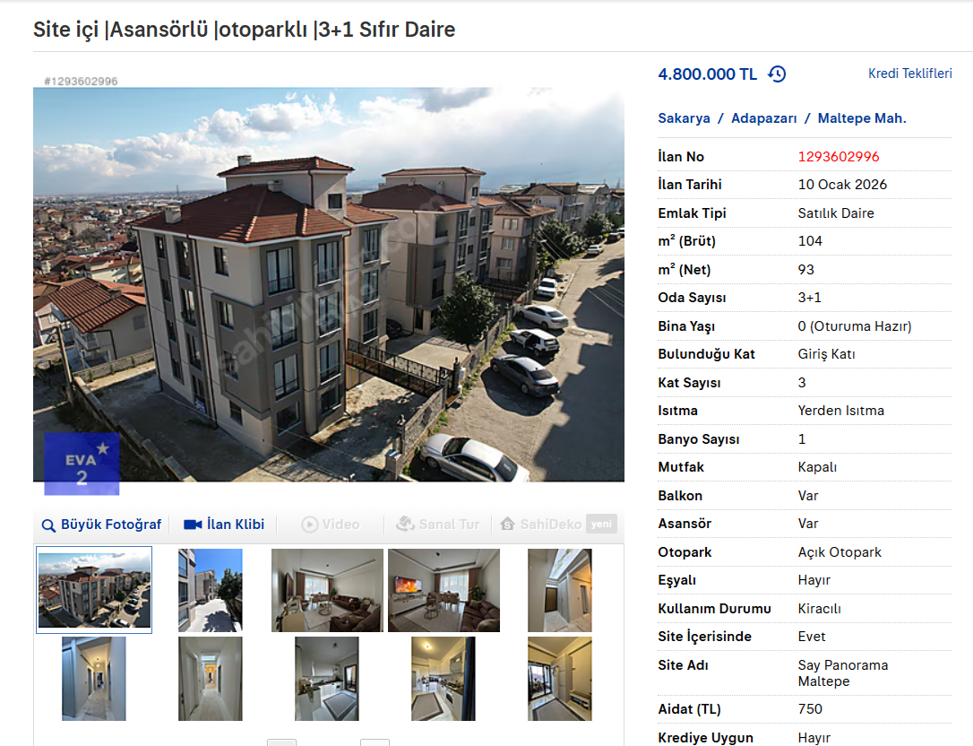 Site içi |Asansörlü |otoparklı |3+1 Sıfır Daire/4.800.000 TL